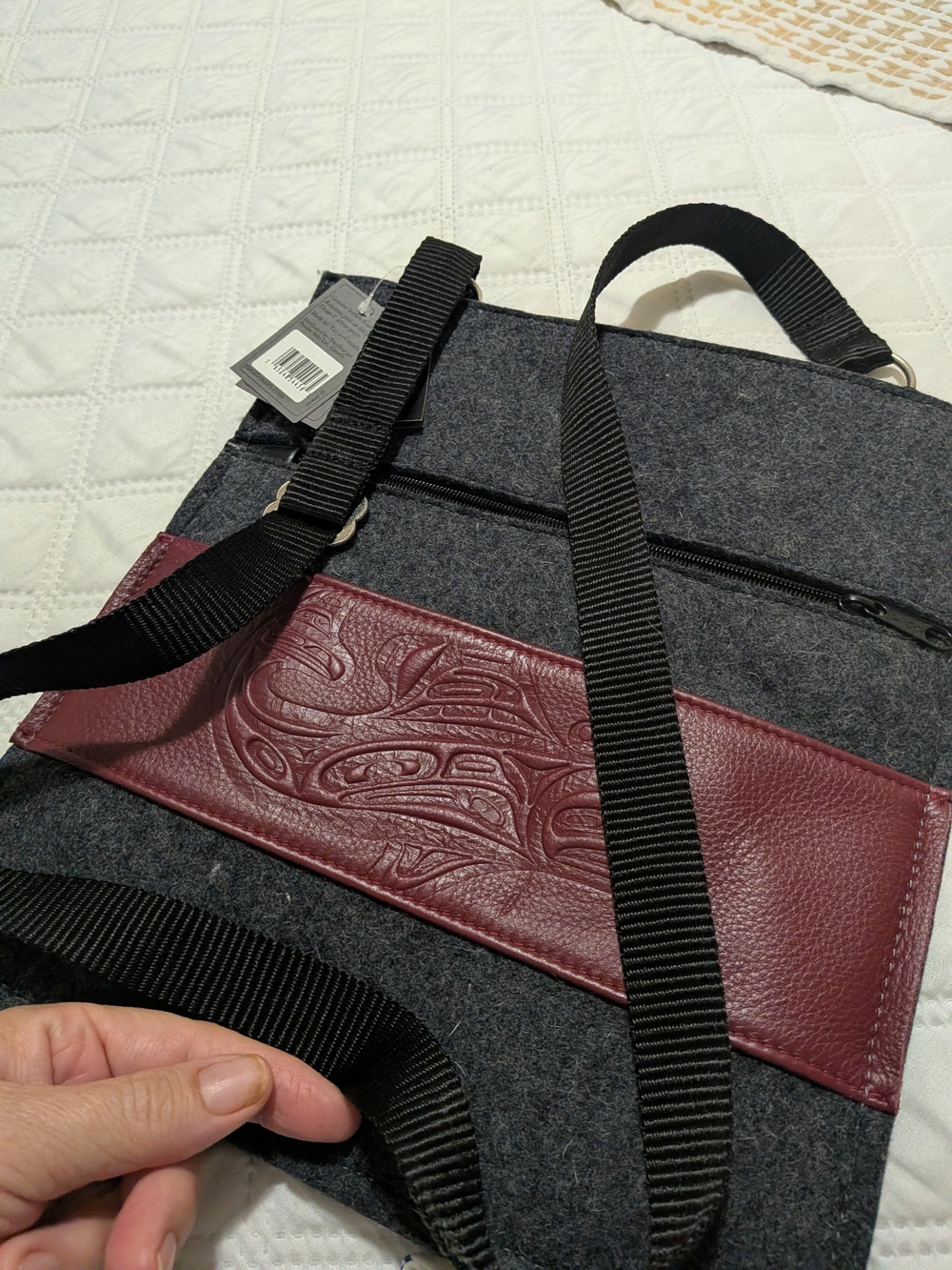 Women's Gray Felt Crossbody with Burgundy Leather Panel